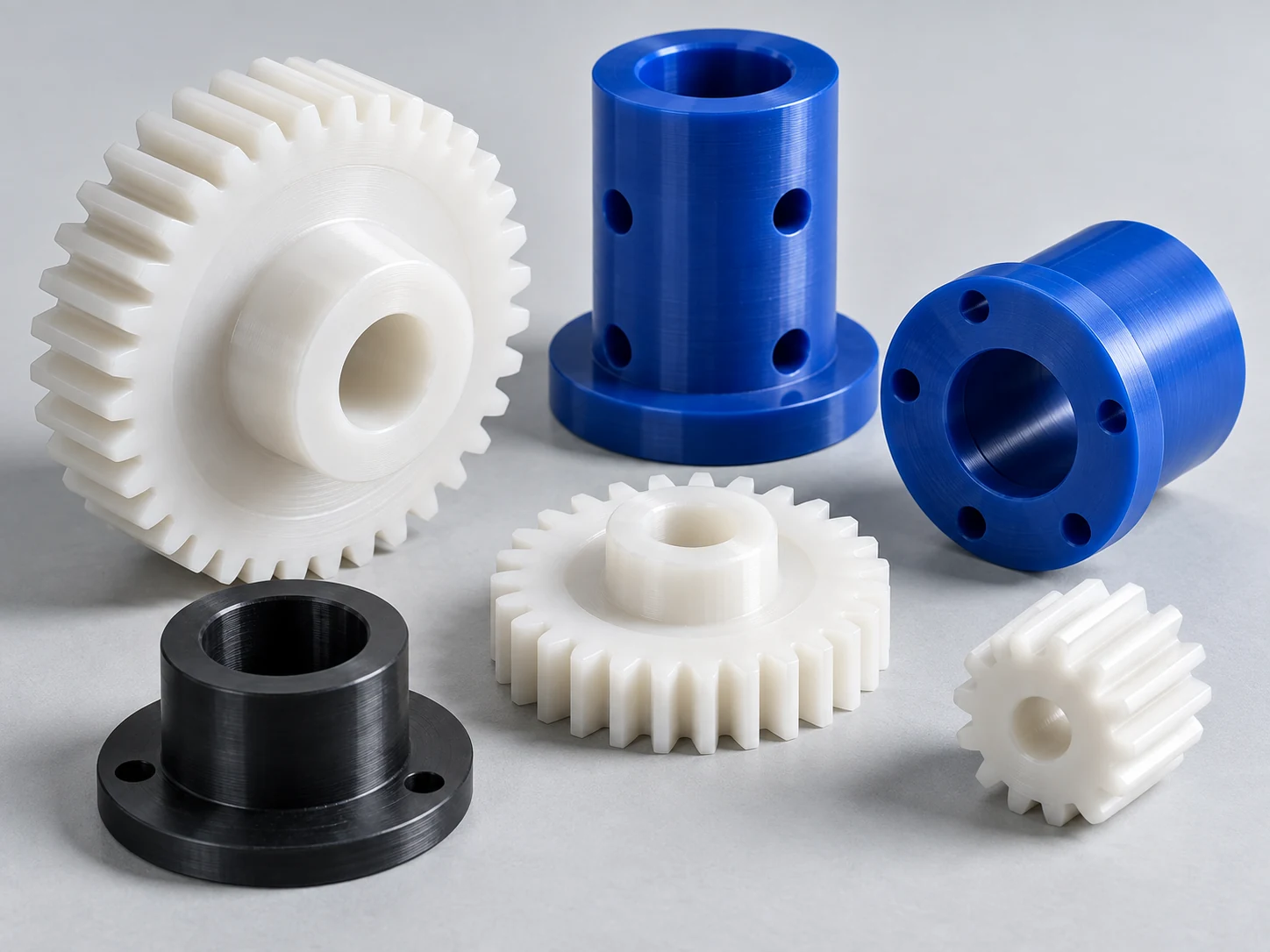 Illustrative white nylon gears, blue components and a black plastic bushing