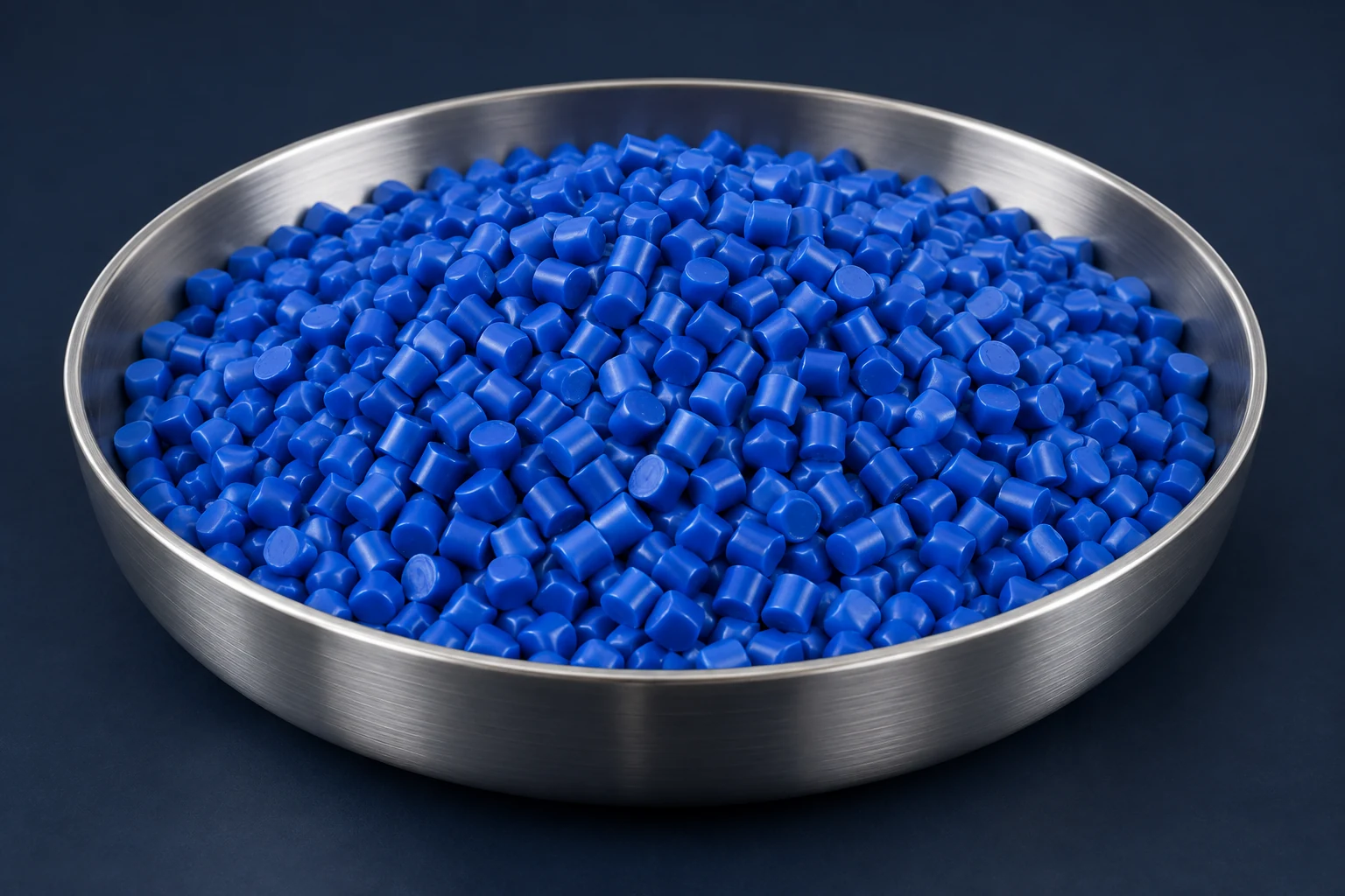 Illustrative cobalt-blue HDPE pellets in a studio dish