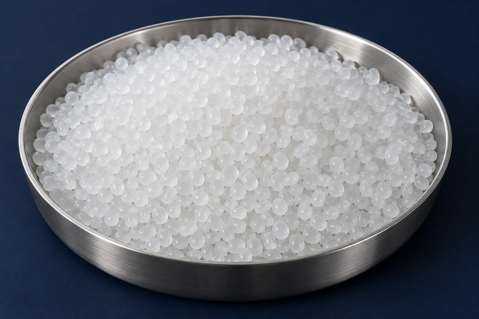 Illustrative translucent LDPE pellets in a studio dish