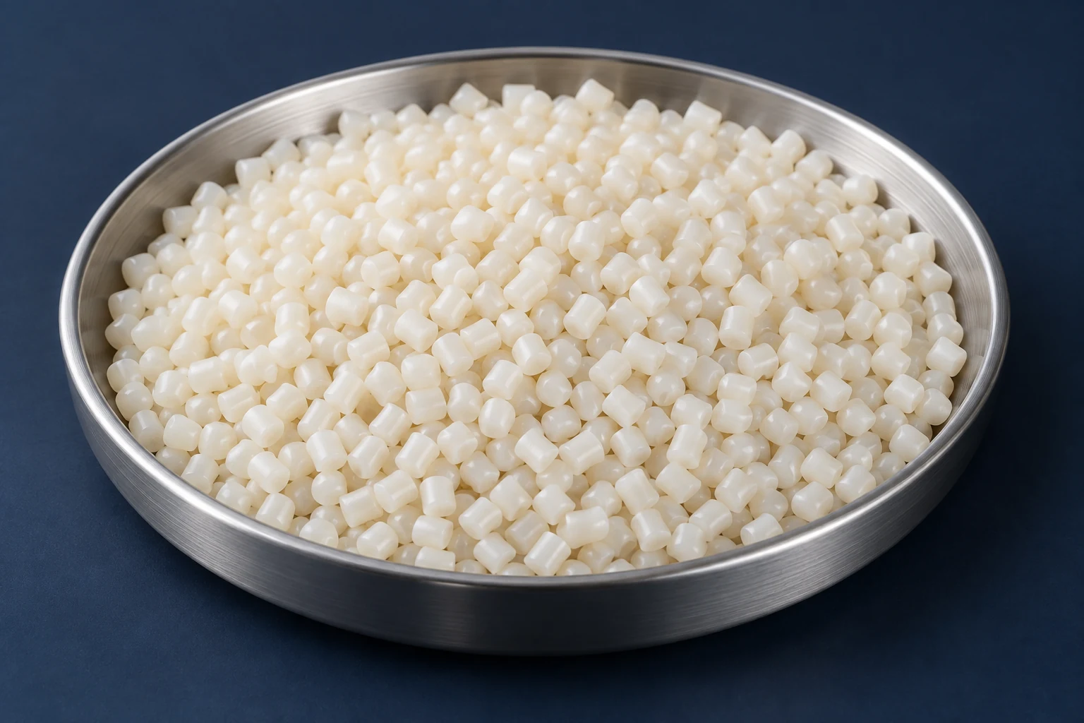 Illustrative natural-ivory nylon pellets in a studio dish