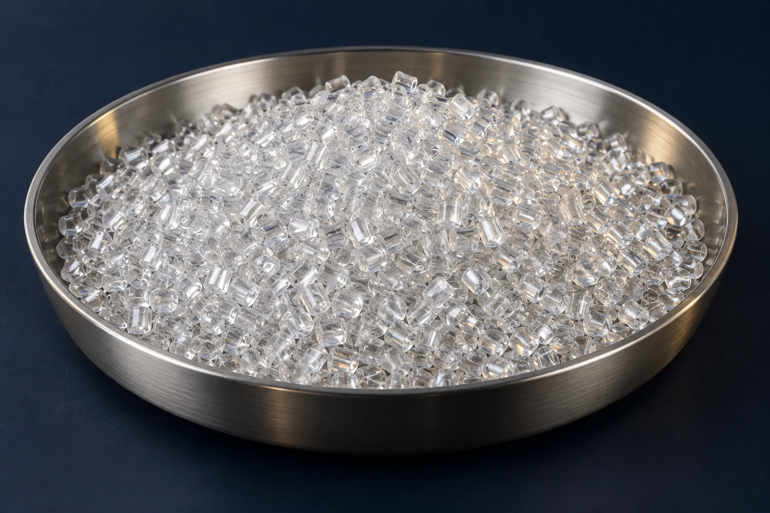 Illustrative translucent PET pellets in a studio dish