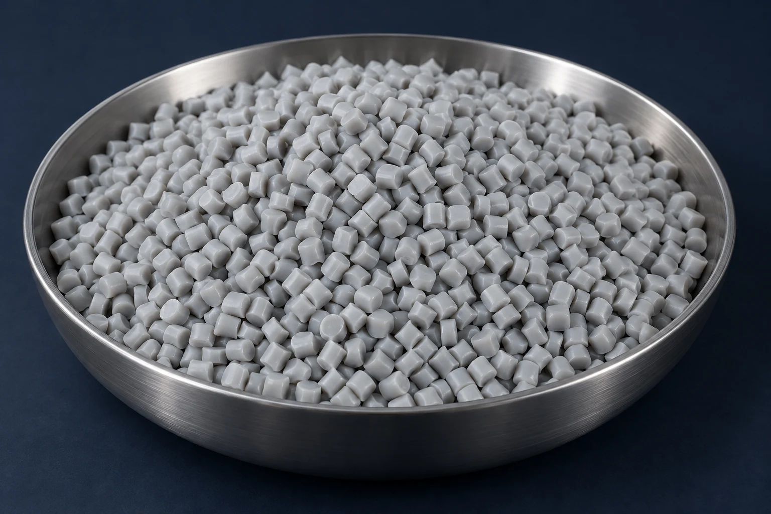 Illustrative grey polypropylene resin pellets in a studio dish