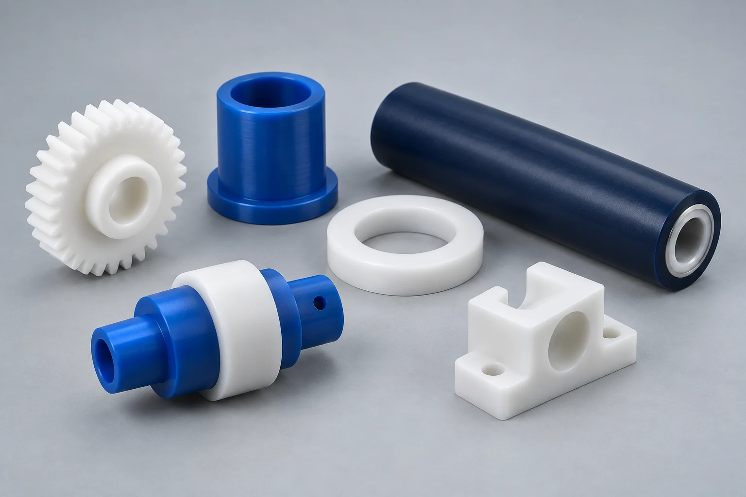Illustrative plastic gear, bushing, spacer, roller and other machinery parts