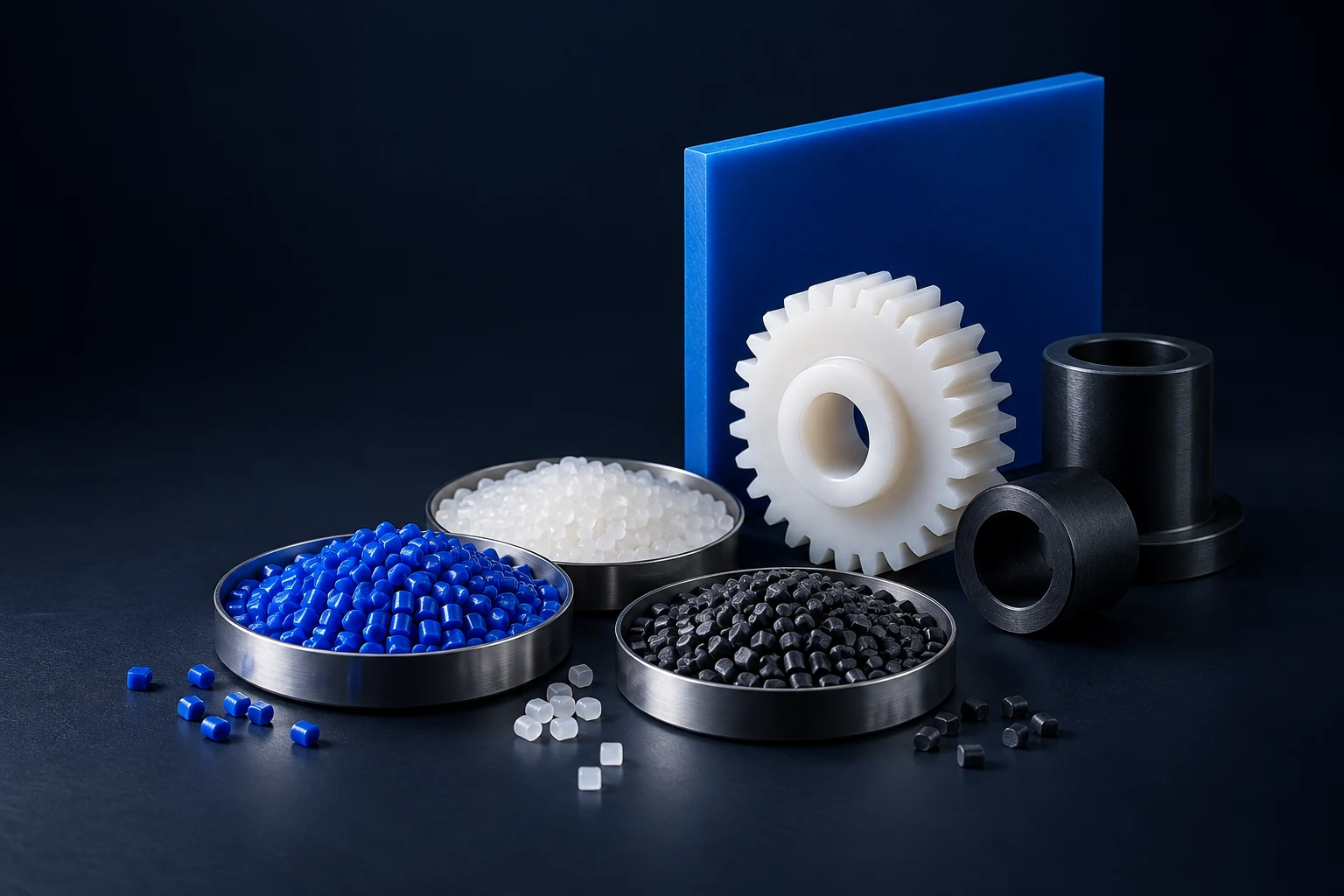 Illustrative polymer granules, a plastic sheet, and precision-shaped industrial plastic parts